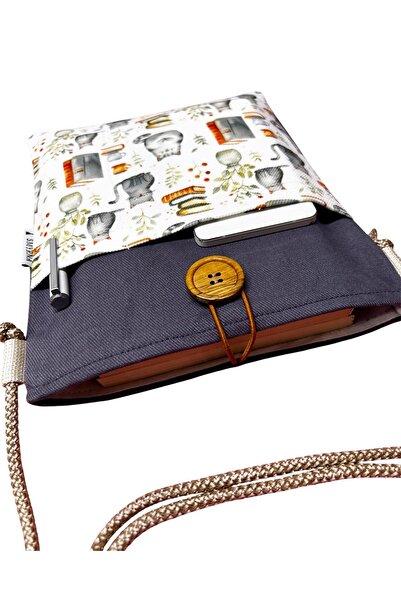 Smyrna Askılı - Kitap / Tablet / Ebook Çantası – Çıkarılabilir Askı ( Gri Kediler ve Kitaplar )