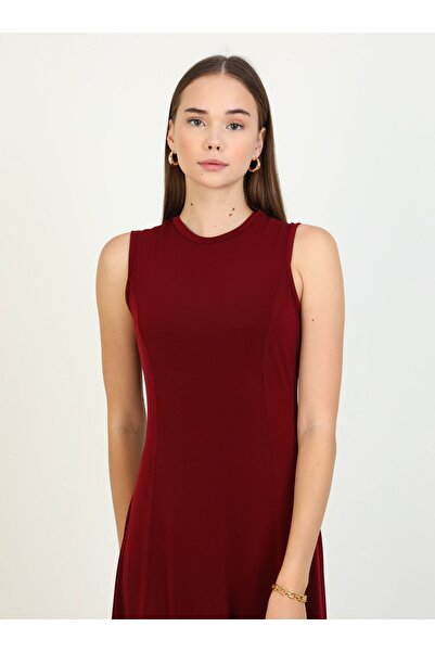 Refka Burgundy Sandy Hijab Dress - Crew Neck, Sleeveless - Refka