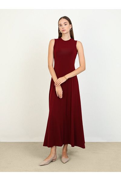 Refka Burgundy Sandy Hijab Dress - Crew Neck, Sleeveless - Refka