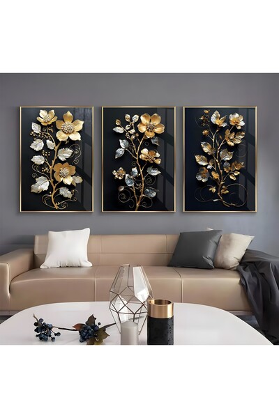 EMYA HOME Metal Çerçeveli Üçlü Canlı Çiçekler Cam Tablo