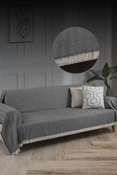 LADYNİL Husa de canapea 100% bumbac culoare antracit - cu franjuri 180x300 cm