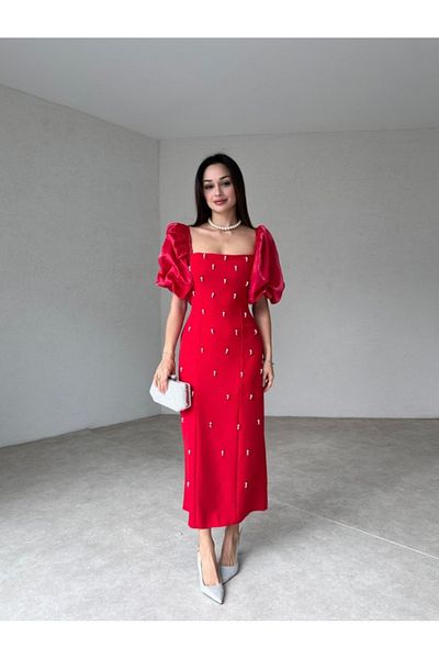 Afiş Butik Red Pearl Embroidered Balloon Sleeve Long Evening Dress