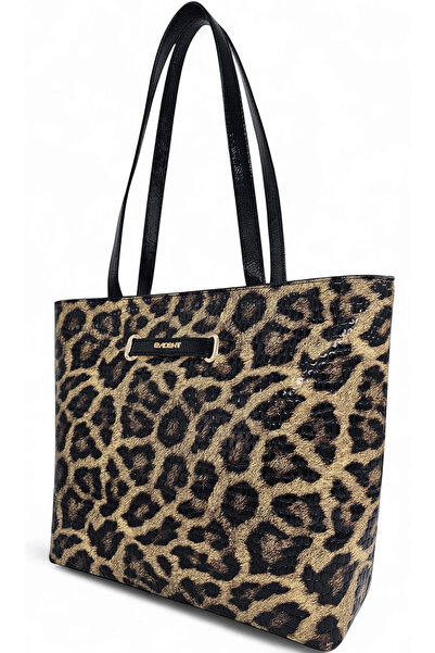 Evident Black Patent Leather Printed Leopard Patterned Bucket Model Women's Tote Shoulder Bag
