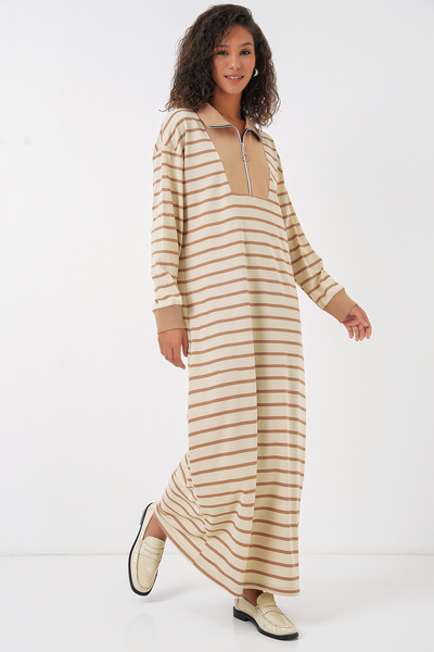Bigdart 55453 Women's Zipper Detailed Striped Long Dress - Beige