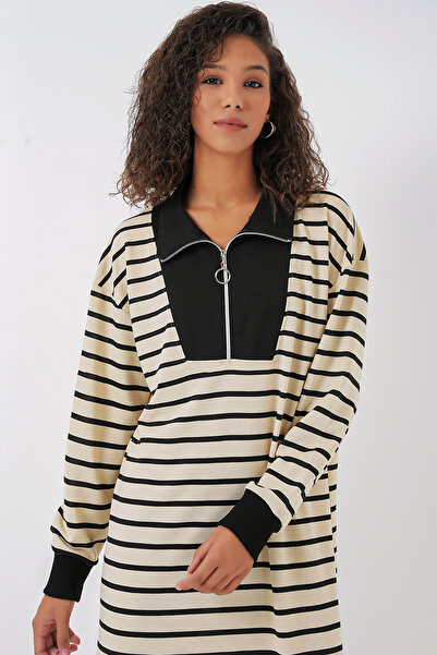 Bigdart 55453 Kadın Fermuar Detaylı Çizgili Uzun Elbise - Siyah