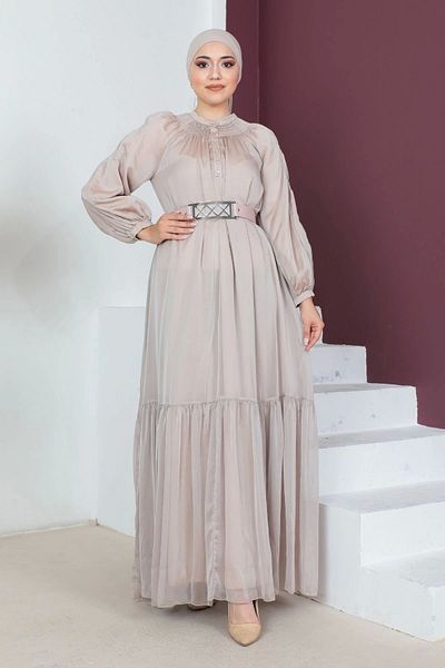 PHELDA Comfortable Form Belted Hijab Evening Dress 746-beige