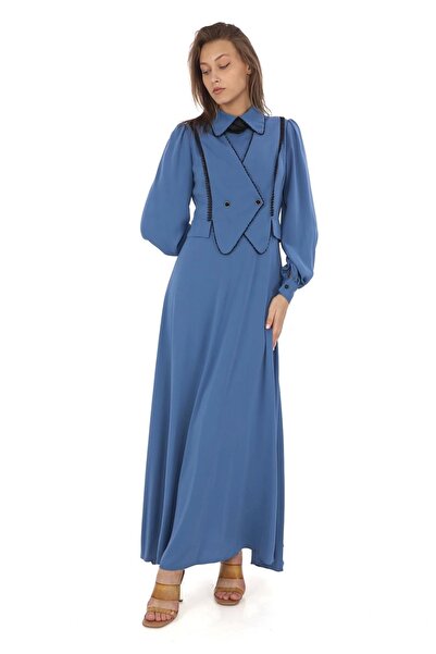 lodmela Φόρεμα Indigo - Εφέ γιλέκου, Δαντέλα και χάντρες, Μοντέλο 2711