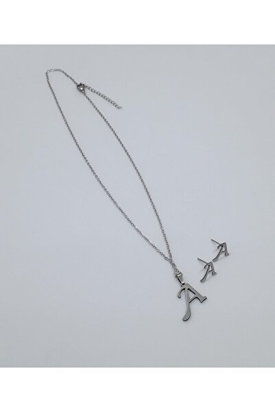 Ödül Moda Steel Letter a Silver Necklace Earring Set