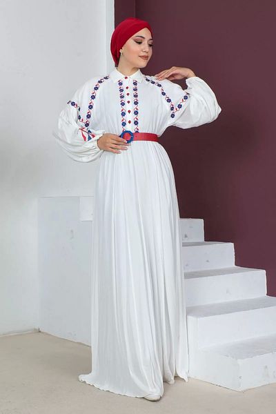 PHELDA Βαμβακερό Hijab Φόρεμα - Κέντημα και Λεπτομέρεια Ζώνης, 747-λευκό/φούξια