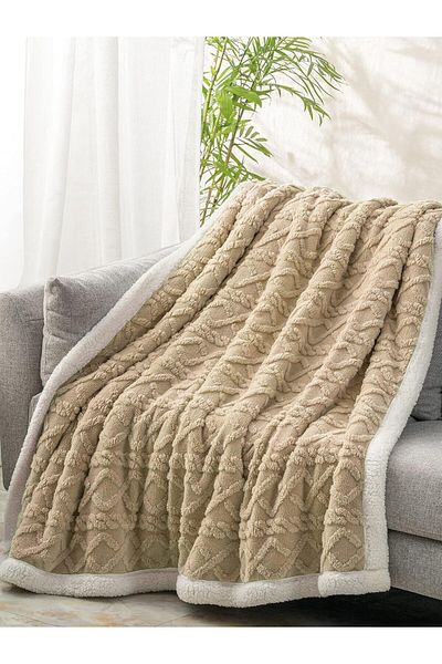 Fabienne Jacquard Sherpa Blanket Super King Size 220x240cm  Reversible Throw Blanket Beige