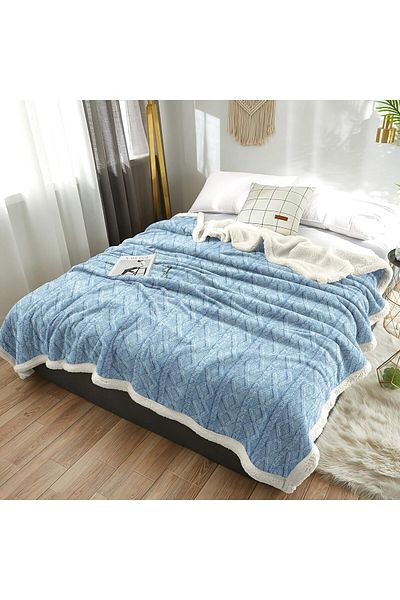 Fabienne Jacquard Sherpa Blanket Super King Size 220x240cm  Reversible Blanket Blue Grey