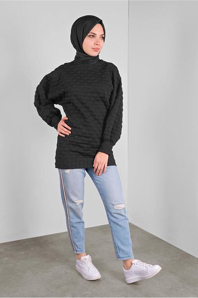 TRENDTESETTÜR Tunica neagra cu modele cu pompon pentru femei 9234
