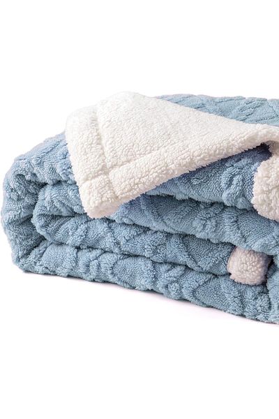 Fabienne Jacquard Sherpa Blanket Super King Size 220x240cm  Reversible Blanket Blue Grey