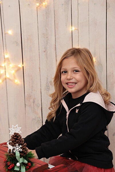 geef kıds سترة صوفية بغطاء للرأس بسحاب أسود للفتيات