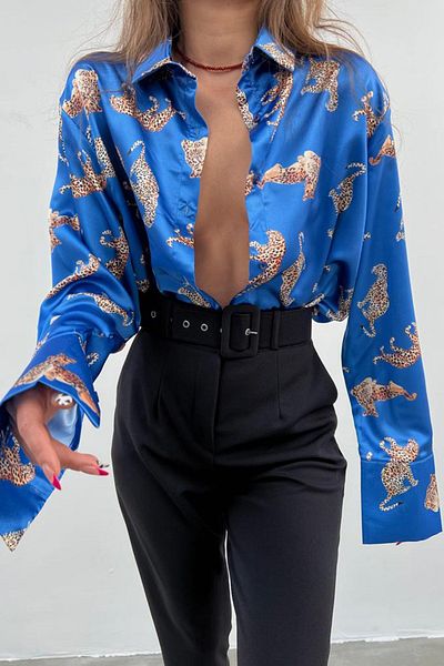 Madmext Satynowa koszula Mad Girls w panterkę niebieska Mg187