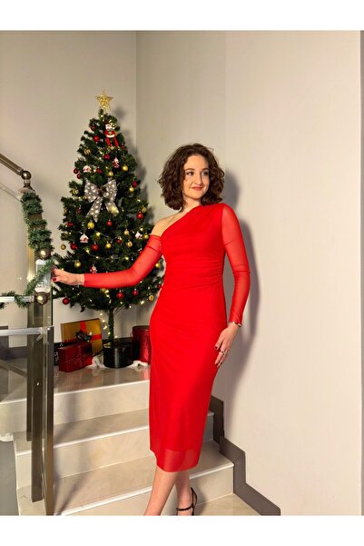 Butik Asimetrik Yaka Tül Midi Elbise