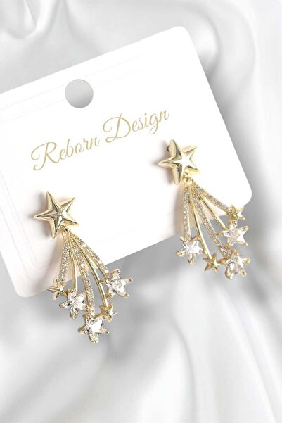 REBORN DESIGN أقراط نسائية من حجر الزركون الذهبي اللون النحاسي على شكل نجمة