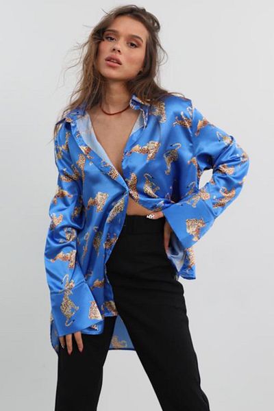 Madmext Satynowa koszula Mad Girls w panterkę niebieska Mg187