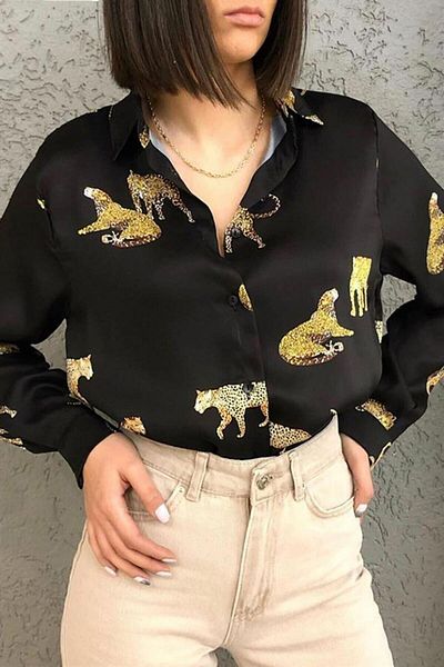 Madmext Cămașă Neagră din Satin Leopard Mad Girls Mg187