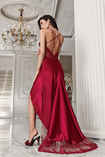 İmaj Σετ νυχτικών İmaj 3206 Μπορντό Χρώμα Σατέν Διαφανές Τούλι 2 τεμαχίων