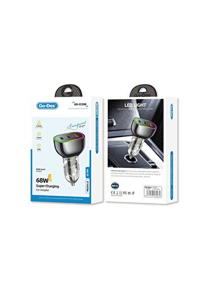 Go-Des Araç Şarj Başlığı Hızlı Şarj Özellikli Go Des GD-CC208 Dual Type-C + USB-A Portlu 68W Gri