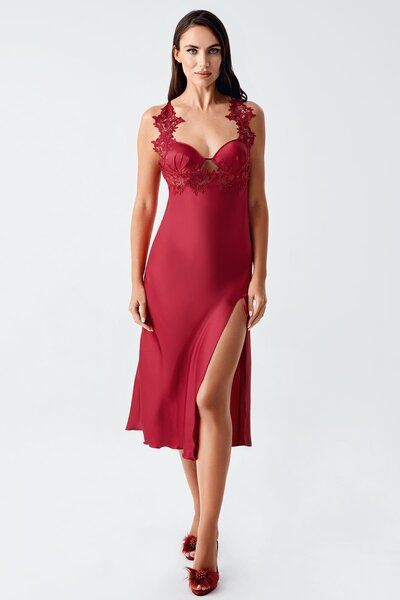 İmaj Image 4250 Burgundy Color Satin 2-Piece Nightgown Dressing Gown Set