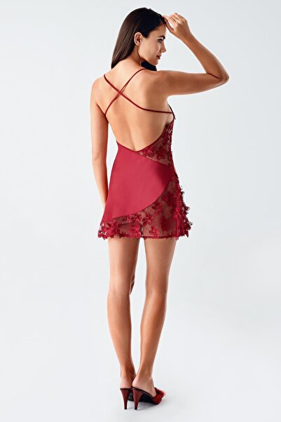 İmaj İmaj 2410 Bordo Renk Saten Dantel Işlemeli 2li Gecelik Takımı