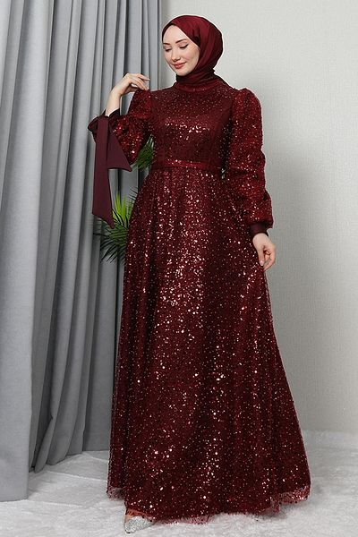 KAWEL Βουργουνδία Betül Hijab βραδινό φόρεμα