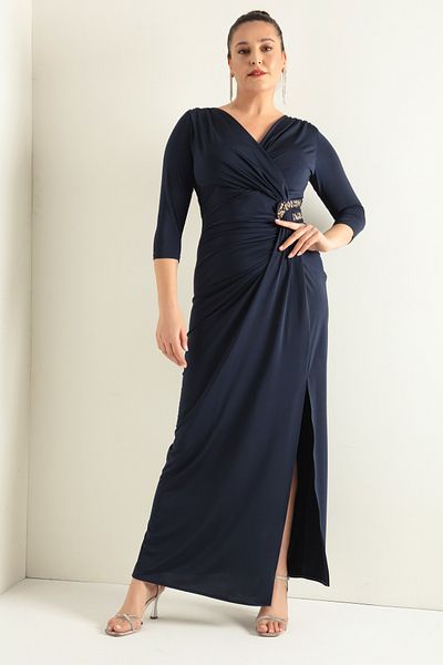 Lafaba Women's Navy Blue Double Breasted Collar Poor Sleeve Plus Size Long Evening Dress