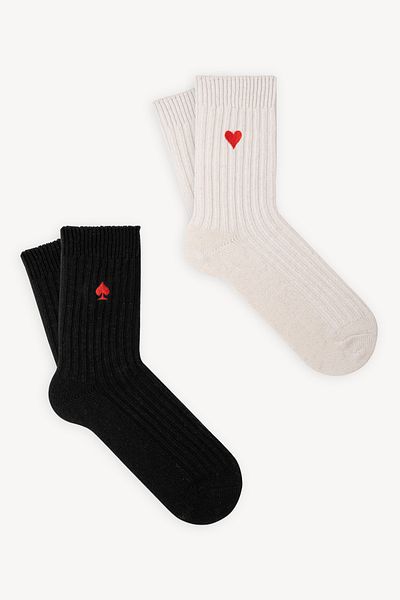 Mono Socks 2-Piece Heart Embroidered Thick Winter Wool Socks