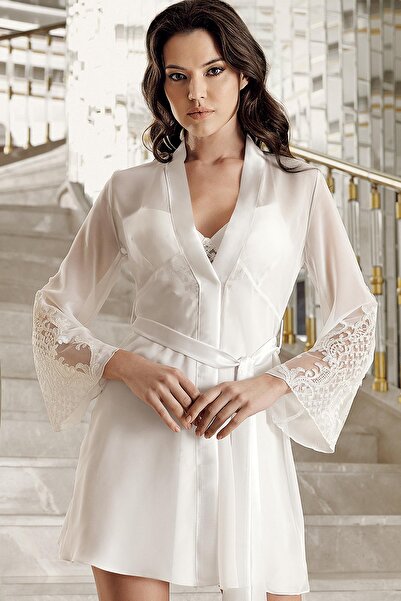 İmaj İmaj 4209 Set de 2 cămăși de noapte din satin de culoare ecru cu mâneci lungi