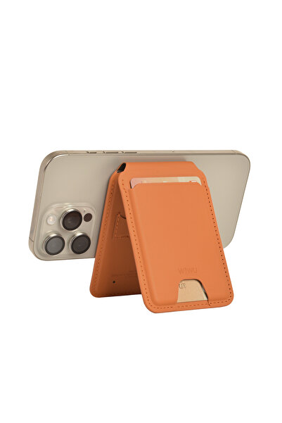 WIWU FindMy Özellikli Magnetik Standlı Kartlık Wiwu MW-005 Qi Kablosuz Şarj Uyumlu Mag Wallet Kahverengi