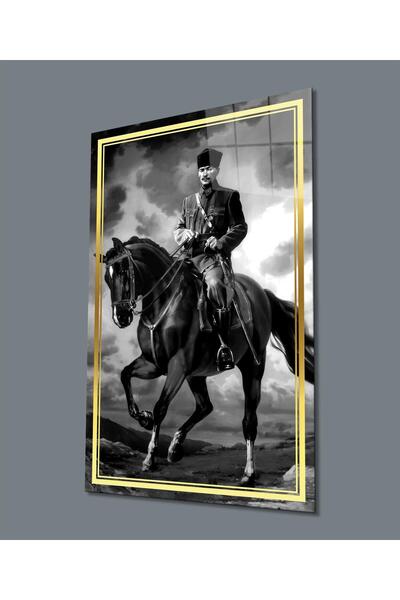 idealizbiz Ataturk Pe Cal Negru Alb Pictură Sticlă Cadou Pictură Mare Decor B...