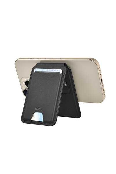 WIWU FindMy Özellikli Magnetik Standlı Kartlık Wiwu MW-005 Qi Kablosuz Şarj Uyumlu Mag Wallet Siyah