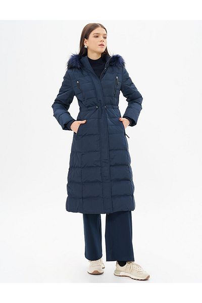 Kayra Goose Feather Padded Waist Drawstring Coat Navy Blue
