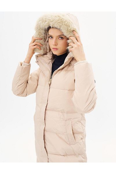 Kayra Cream Colored Goose Feather Padded Hooded Coat