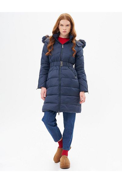 Kayra Zippered Pocket Detailed Goose down Coat Navy Blue