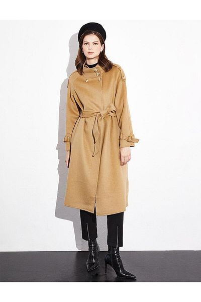 Kayra Premium Stamp Coat - Κολάρο, Διπλό Στήθος και Ζώνη, Camel