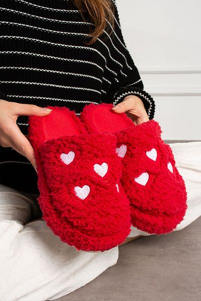 STOCON Red Embroidered Heart Fluffy House Slippers - Dowry Bundle Slippers Valentine's Day