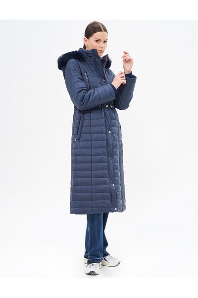 Kayra Diamond Patterned Faux Fur Anorak Coat Dark Navy Blue