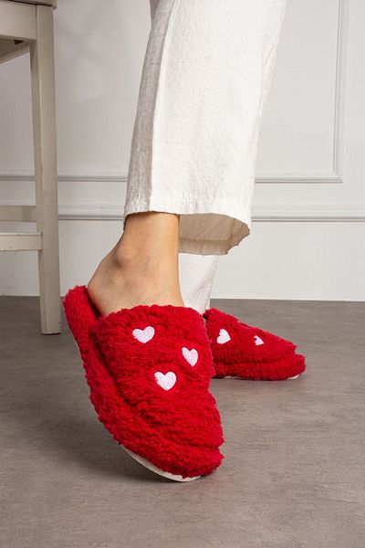 STOCON Red Embroidered Heart Fluffy House Slippers - Dowry Bundle Slippers Valentine's Day