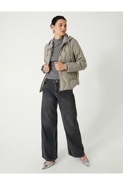 Koton Regular Fit Pocketed Zippered Detachable Knitwear Hooded Quilted Coat