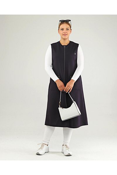 Ferace Navy Blue Large Size Long Vest with Leather Pockets