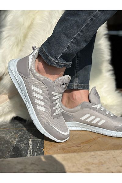 Allyup Casual ανδρικά γκρι λευκά κορδόνια ελαφριά άνετα αθλητικά παπούτσια περπατήματος με λεπτομέρεια ραφής 1453