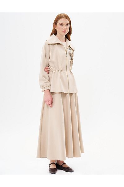Kayra Light Beige Skirt and Jacket Set - Waist Drawstring