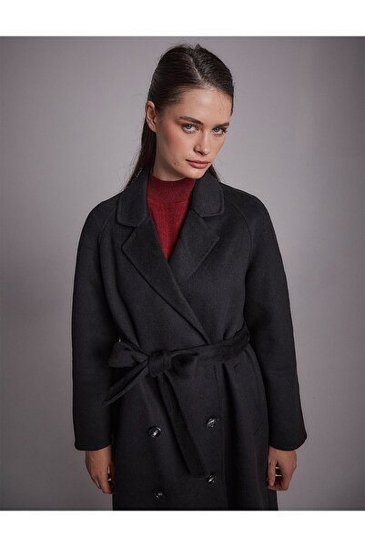Kayra Black Premium Wool Reglan - Sleeve Belted Coat