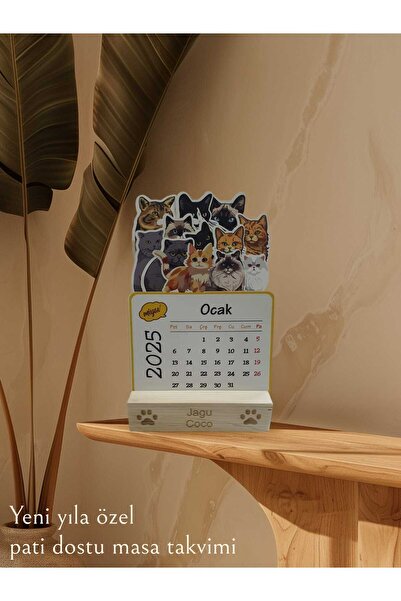 Es3Dream Ahşap ayaklı özel tasarım 2025 kedili masa takvimi