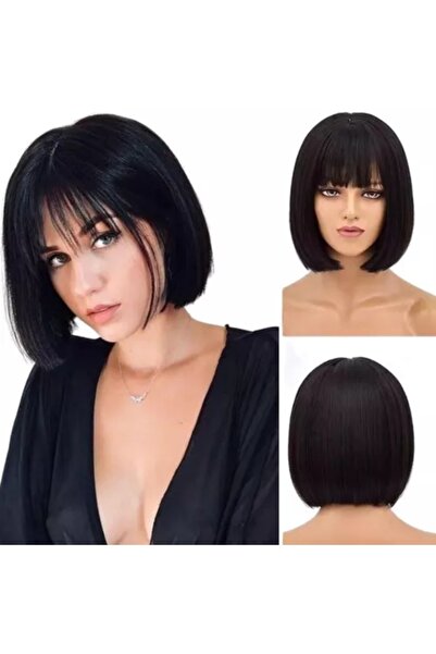 AKOLİFE Siyah Bob Kesim Kısa Perçemli Peruk - Gerçek Saç Dokusu