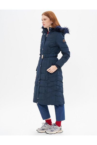 Kayra Navy Blue Goose Feather Padded Belted Coat
