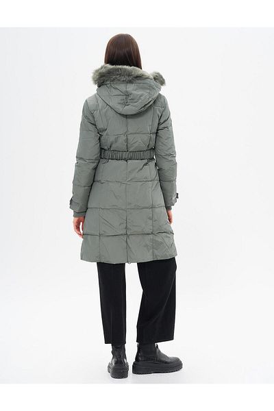 Kayra Mildew Green Hooded and Feather Padded Coat